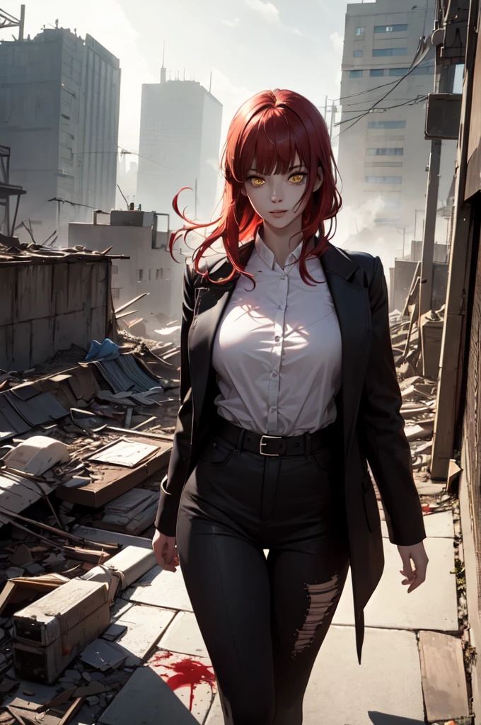 (detailed,realistic) Makima from Chainsaw Man, beautiful detailed yellow eyes, beautiful detailed lips, long eyelashes, flowing red hair, intense gaze, confident smile, holding a blood-soaked sword, surrounded by a dark and twisted aura, standing on a rooftop in a post-apocalyptic city, with buildings in ruins and smoke rising in the background, dramatic lighting casting deep shadows and highlighting the details on her face and the textures of her clothes, creating a captivating and powerful atmosphere.