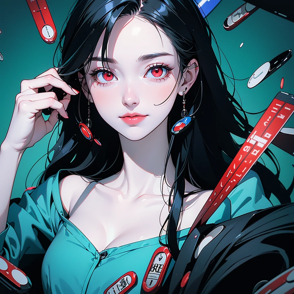 girl, holding a jar with many blue and red pharmaceutical pills, slight smile, red eyes, very pale skin, black hair, green image background, madness and psychedelic image, various factors of madness and scrizophenia, elements of madness in the human mind, several laboratory pills floating.