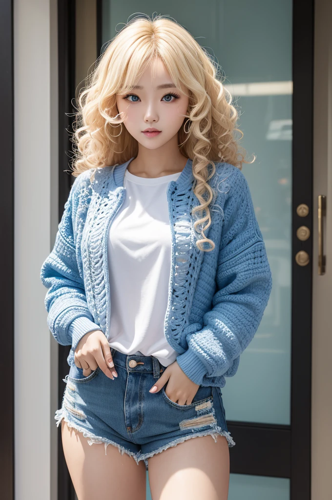 A South Korean woman, blonde curly hair, electric blue eyes,wearing a blue crochet sweatshirt and light blue denim shorts