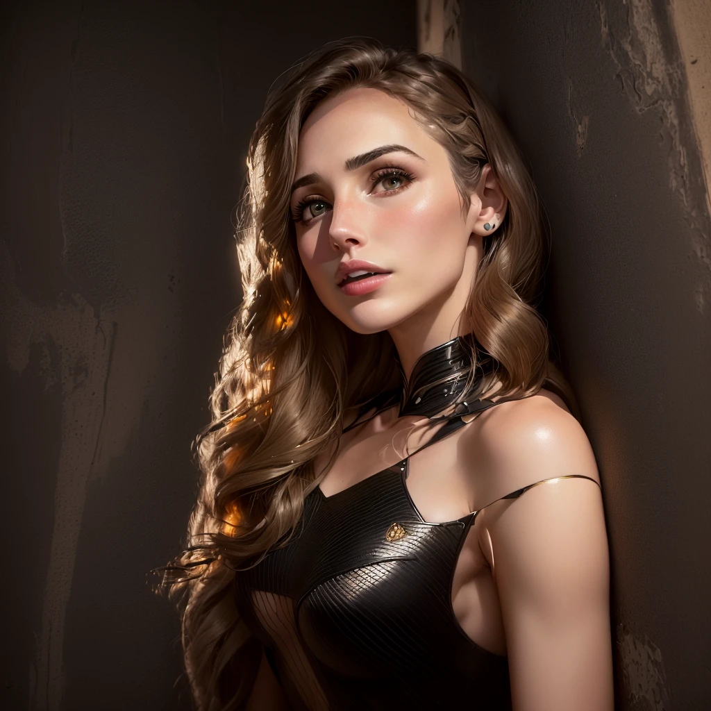 arafed woman in a black dress leaning against a wall, ana de armas portrait, portrait of ana de armas, ana de armas, ana de armas as joan of arc, portrait sophie mudd, photo of the beauty gal gadot, camilla luddington, portrait of gal gadot, inspired by Adrienn Henczné Deák
