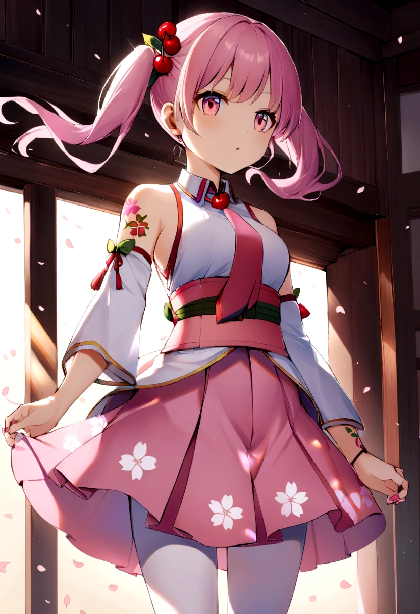 1girl, solo, pink hair, pink eyes, twintails, food-themed ornament, cherry_ornament, ((cherry_blossom print)), sleeveless, sleeveless shirt, detached sleeves, white shirt, pink necktie, petals, pink skirt, rim light, white_pantyhose, tattoo, bare_shoulders,