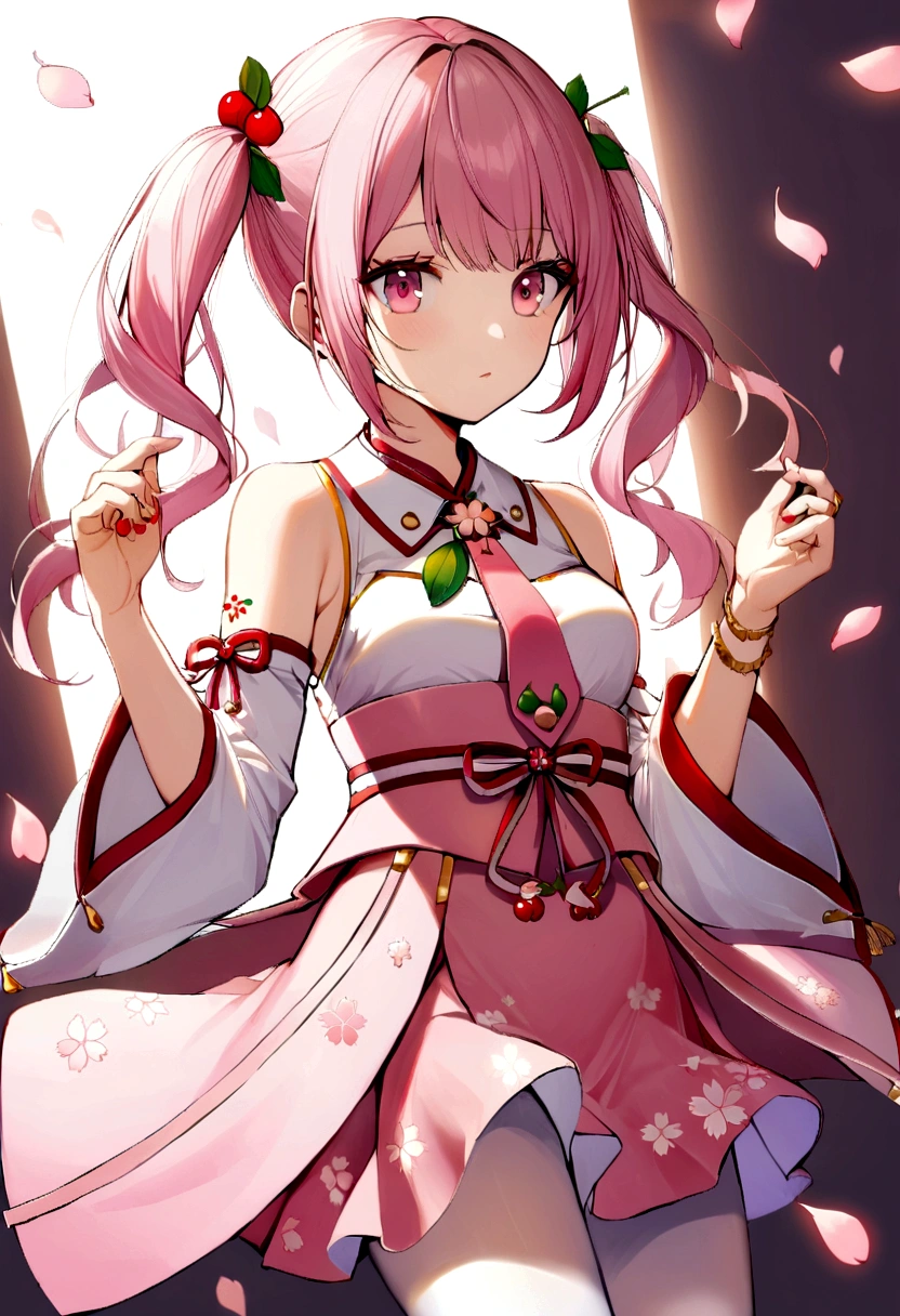 1girl, solo, pink hair, pink eyes, twintails, food-themed ornament, cherry_ornament, ((cherry_blossom print)), sleeveless, sleeveless shirt, detached sleeves, white shirt, pink necktie, petals, pink skirt, rim light, white_pantyhose, tattoo, _shoulders,