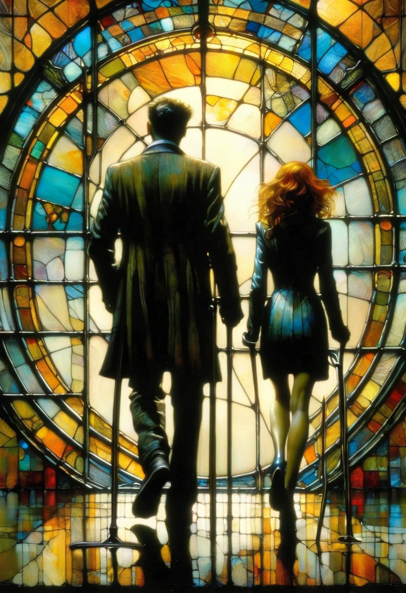 a man on crutches and a woman walk past a stained glass window (Dave Mckean inspired art, intricate details, oil painting)
