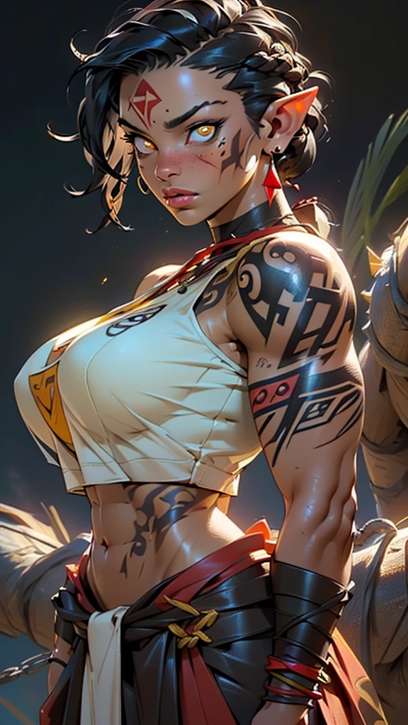 ((Oak,Oak girl)),((((Black)))),((Pointed Ears)),((Black Hair,Messy Hair,short hair,Side shave:1.4,Diagonal lock,Braiding)),Conceit,(Tomboy),((Athletic ability)),((Muscular:1.5)),((Toned body)),((Large Breasts:1.5)),(((yellow_eye:1.3))),complicated eye,beautiful detailed eye,symmetrical eye,big eye:1.5,((((Sunburn,Dark Skin:1.5,Dark Skin:1.5,Dark skin_woman,Ebony peel,Shiny skin:1.5,Light Skin: 1.5,Shiny skin,very Shiny skin,Shiny body)))),(Spider's underbelly,Tight waist,Wide Hips,Athletic ability body,Swollen legs,Thick thighs,Detailed body,(Detailed face)),((Muscular legs,Muscular thighs,Muscular girl,strong and Muscular,Muscular,feminine and Muscular,Huge physique,tall,Very tall girl,(Abdominal muscles:1.1))),woman Oak,Oakのwoman,Strong physique,fit,((Arm Muscles,Leg muscles)),(Bulky:1.2)),(((tooth:1.5))),((prominent tooth protruding from their jaws)),((Wide, flat nose)),((The facial expression is usually intense and wild.)),
anger,cute,Lewd,Fascinating,erotic,(((Browsing Caution))),
((chain)),(Earrings),(Loincloth),(Exposed navel),(((elaborate and complicated tattoo,Tribal Tattoos))),((Tribal costume:1.5)),(Barbarian fur crop top),(Wearing brown fur or leather),(Leather Strap),(((His whole body is covered in red war paint.)))),((complicated outfit,complicated clothes)),
(Dynamic pose:1.0),(Centered,Scale to fit dimensions,Three-part method),
((battlefield)),With dark storm clouds,scenery:1.25,complicated scenery,((battlefield background)),
(Shiny tribal ornaments),High resolution,Sharp focus,(Super detailed,Very detailed),(Photorealistic artwork:1.37),(Very detailed CG unity 8k wallpaper),(((Vibrant colors,Vibrant Themes))),(complicated),(masterpiece),(Highest quality),Artistic photography,(Photography by sldr),(complicated background),perfectly rendered face,Perfect facial details,Realistic Face,Photo Real,((complicated detail)),(((realism))),