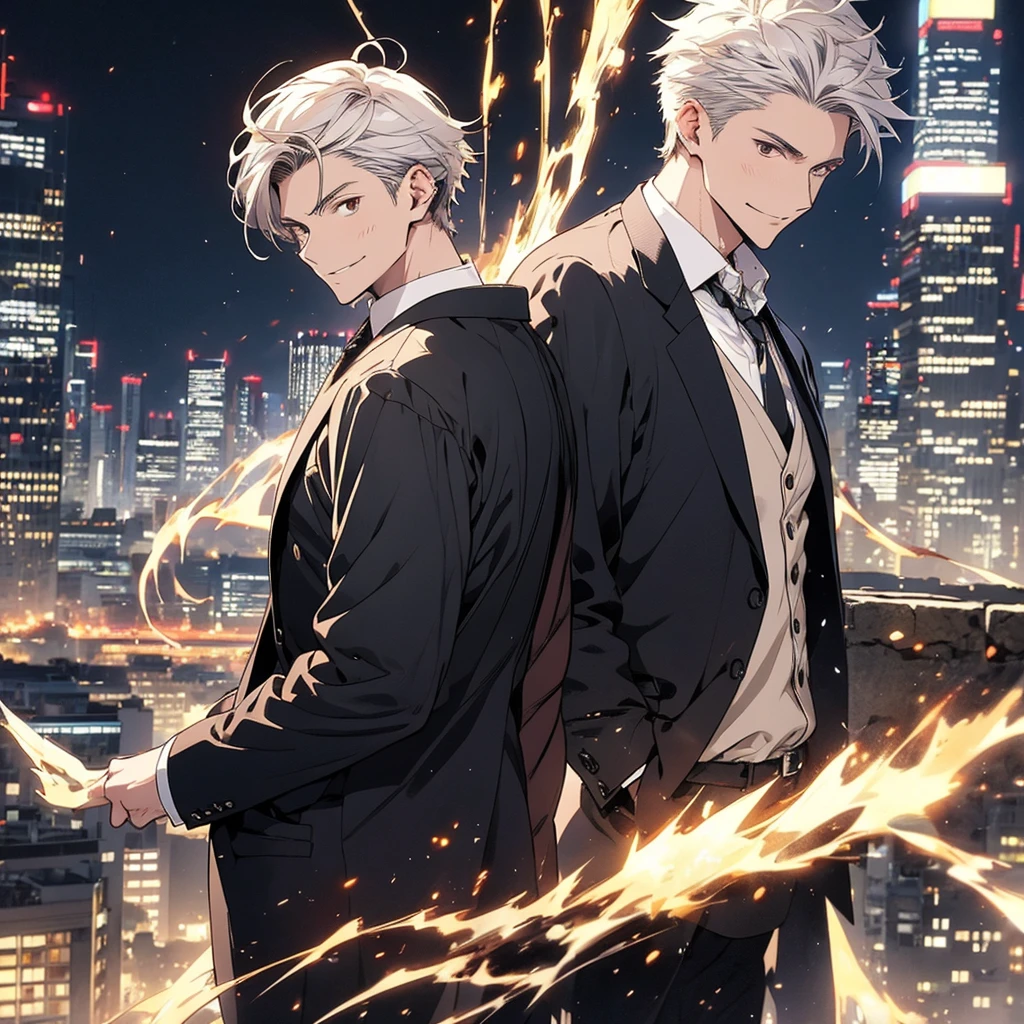 With anime style illustrations A working man appeared, with  brown eyes  and short Smoky white hair. wearing a black suit Posing with  back looking out, half body image, city background at night. Look back. หันหลัง