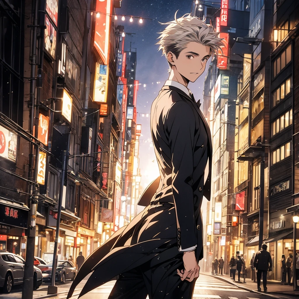 With anime style illustrations A working man appeared, with brown eyes and short Smoky white hair. wearing a black suit Posing with back looking out, half body image, city background at night. Look back. หันหลัง