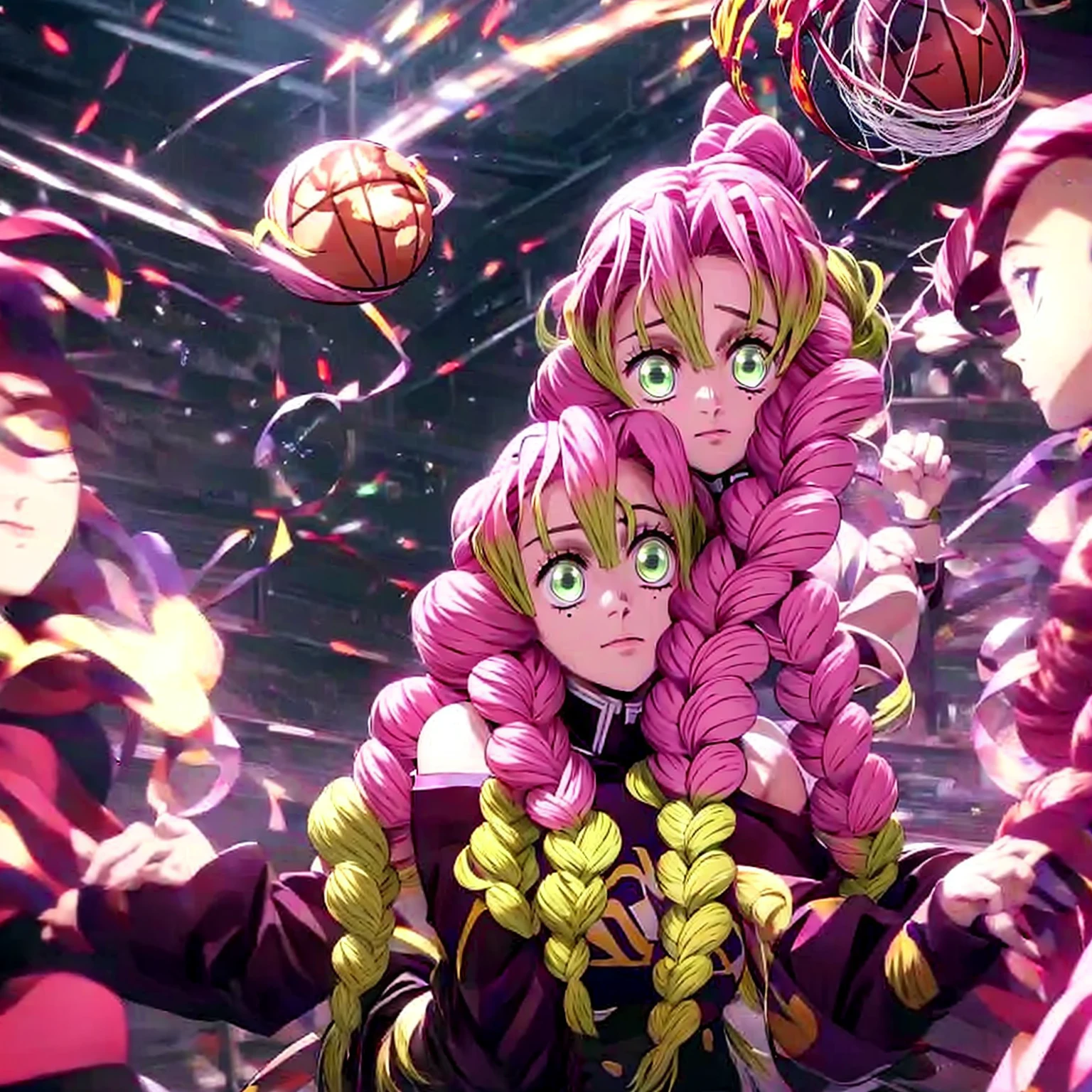 a close up of a person holding a basketball ball in a stadium, 8k high quality detailed art, high quality anime artstyle, anime style 4 k, by Yang J, anime wallpaper 4 k, anime wallpaper 4k, anime wallaper, artwork in the style of guweiz, rossdraws and jazza, 4k anime wallpaper, high quality fanart,kanroji mitsuri