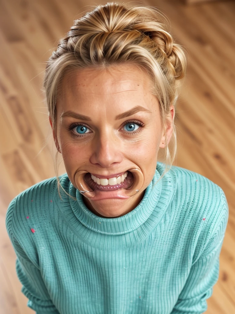 photo of a skinny wrinkly-faced mature blonde messy long hair thrown into a messy bun ponytail. She wears: (turtleneck soft high ribbed turtleneck turquoise sweater:1.1), submissive seductive pose, high tight ribbed neck, mouth retractor gag