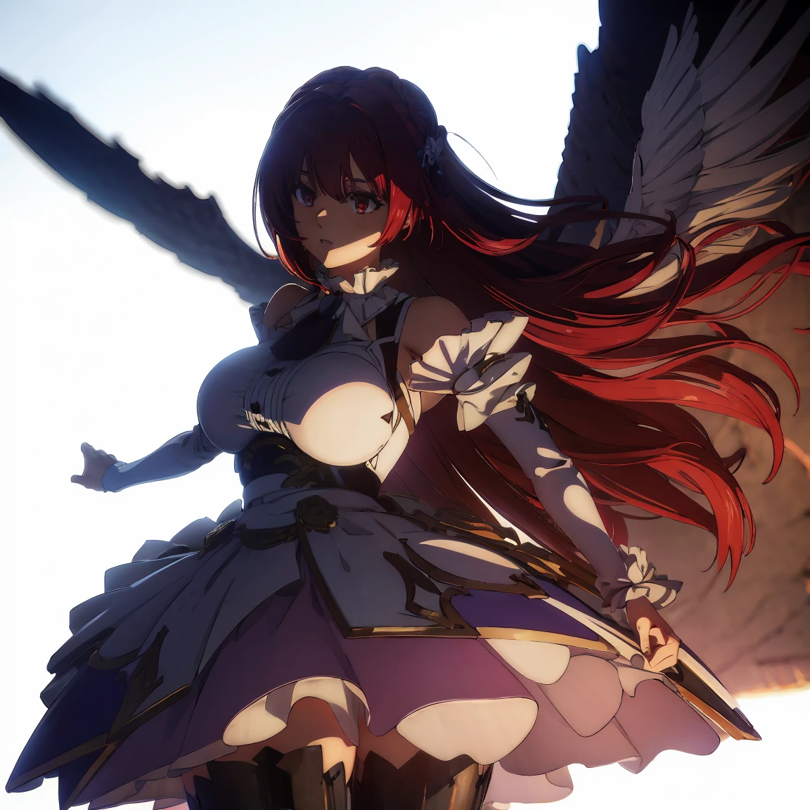 masterpiece, best quality, no background, white background, Busuldress, hight resolution, ultra-detailliert, (1girl in:1.3), Beautiful detailed eyes, High contrast, Bold highlights, Warm tones, Soft shadows, Standing, Wide Shot, Barefoot, Slender body, Big breasts, red eyes, Dorothy, Dress, arms up, from below, cowboy shot,mappastyles4,