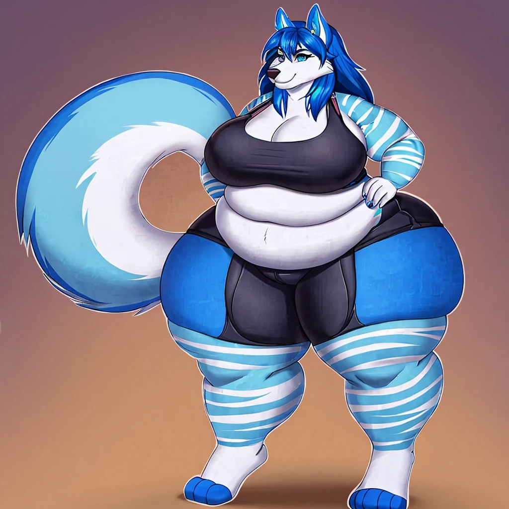 Malamute, female, long hair, gorgeous, beautiful, eyelashes, voluptuous, plump, belly rolls, fat arms, fat legs, ,tank top, shorts ,huge saggy breasts ,fringe on eye,heavy top, huge hips huge thighs heavy bottom ,sports bra,sports shorts, simple background , obese, belly rolls, fat rolls, belly rolls,belly overhang,rolled up tail, blue body, light blue stripes,blue highlights ,white,whitehighlights, blue highlights, blue stripes,blue hair,huge butt, blue eyes,blue thigh markings,huge breasts,