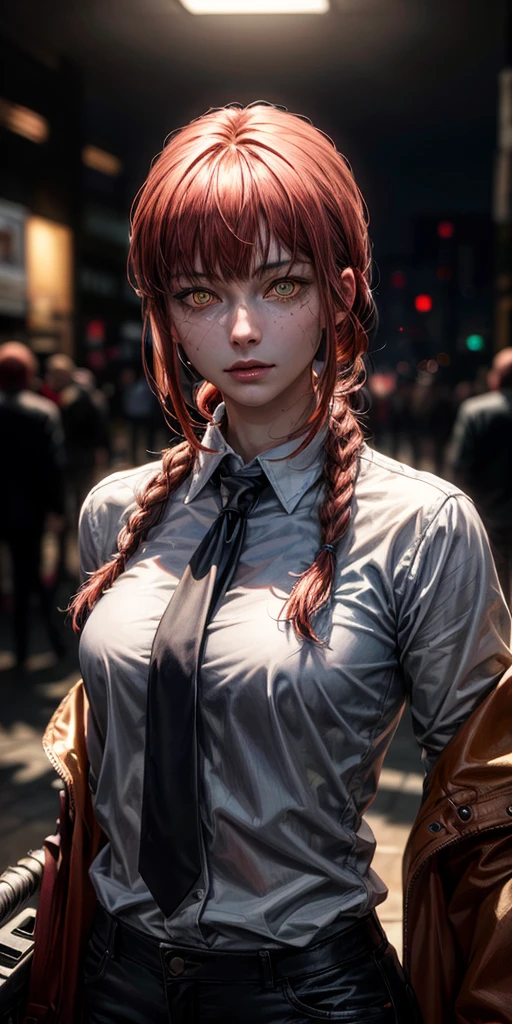 masterpiece, (photorealistic:1.4), best quality, beautiful lighting, makima \(chainsaw man\), (red hair)+(long braided hair)+(bangs), yellow eyes, golden eyes, (ringed eyes), (white shirt), (necktie),Prepare to be amazed by the astonishing level of detail in this ultra-realistic 10k high resolution artwork, where the fusion of Digital Painting, Anime Art, (masterpiece: 1.5) (photorealistic: 1.1) (bokeh) (best quality) (detailed skin texture pores hair: 1.1) (intricate) (8k) (HDR) (wallpaper) (cinematic lighting) (sharp focus )