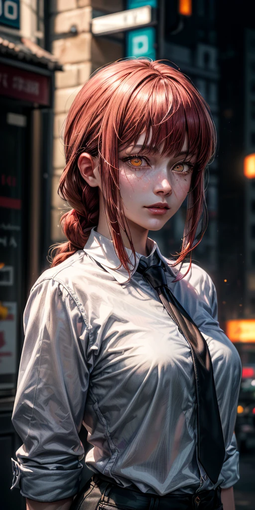 masterpiece, (photorealistic:1.4), best quality, beautiful lighting, makima \(chainsaw man\), (red hair)+(long braided hair)+(bangs), yellow eyes, golden eyes, (ringed eyes), (white shirt), (necktie),Prepare to be amazed by the astonishing level of detail in this ultra-realistic 10k high resolution artwork, where the fusion of Digital Painting, Anime Art, (masterpiece: 1.5) (photorealistic: 1.1) (bokeh) (best quality) (detailed skin texture pores hair: 1.1) (intricate) (8k) (HDR) (wallpaper) (cinematic lighting) (sharp focus )