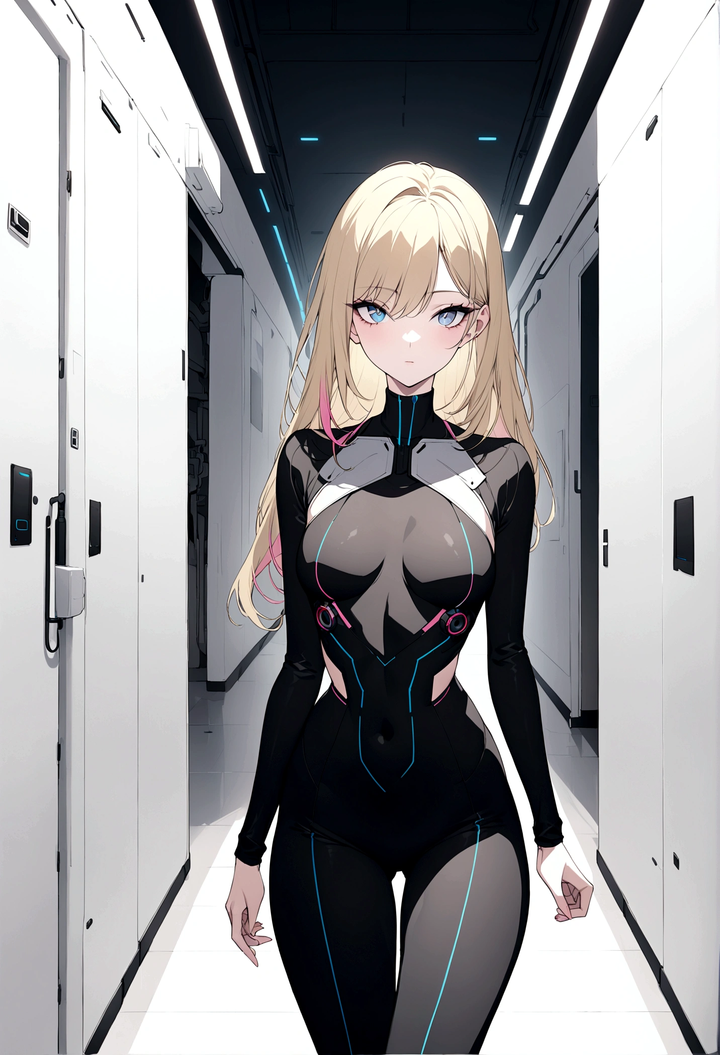 (masterpiece, 32k, 8k, white laboratory corridor setting, character walking towards the viewer) woman, 26 years old, naturally beautiful face, long blonde hair with pink streaks, tight black clothes in cyberpunk style, eyes of different colors, one blue eye and another gray eye
