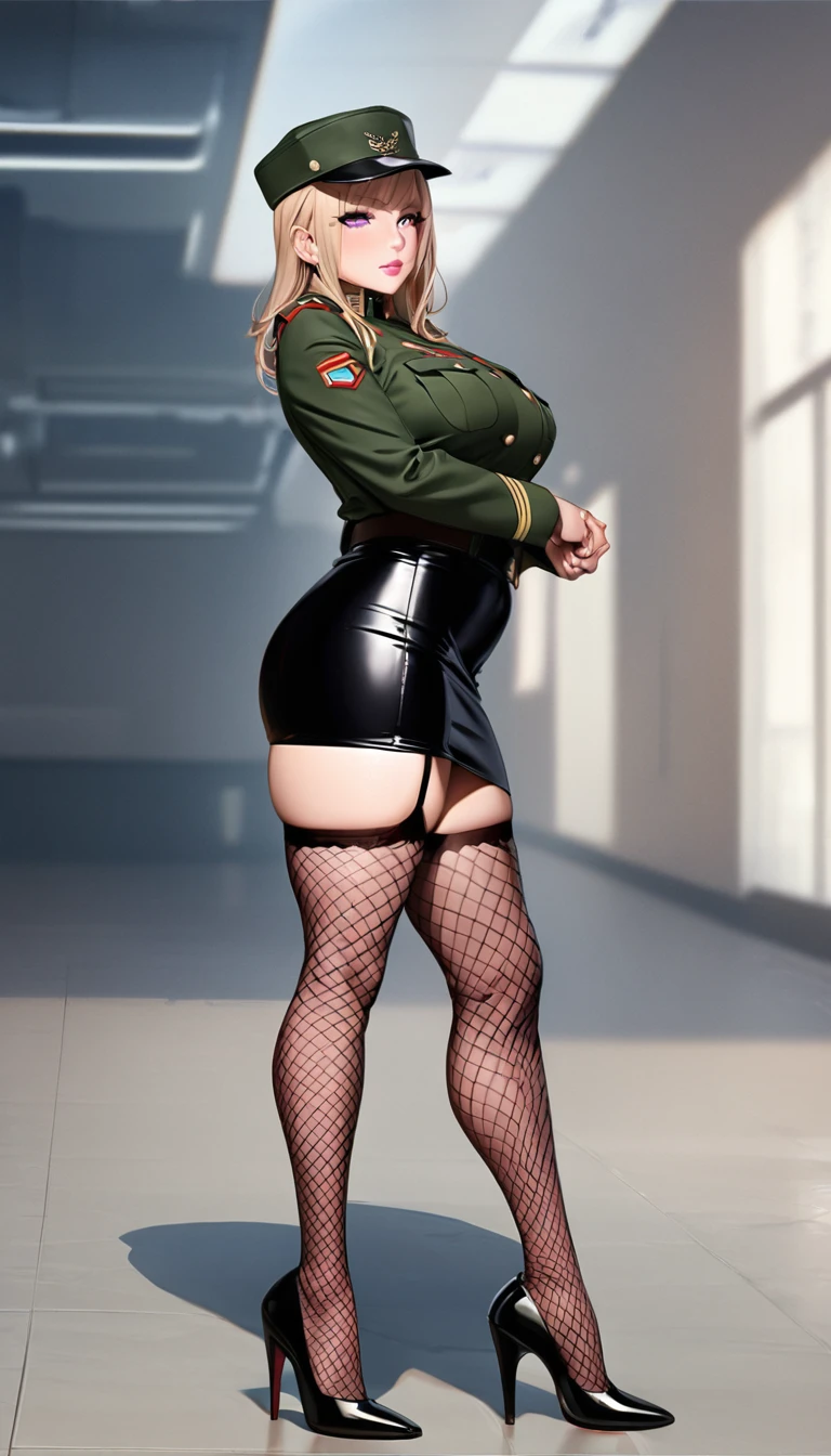 Mature Woman,1 person(((Sexy female soldier))),(((uniform,Tight Skirt,High heels,Fishnet tights,Uniform cap,latex,garter belt))),(Detailed Description, High resolution,8k wallpaper,masterpiece,Highest quality,Depth of region,Anatomically accurate depiction,A face with attention to detail, Eye for detail,Nice hands, Perfect Fingers,eyelash,(Intensely glowing purple eyes,Narrow eyes,Sidelong glance,There is cleavage in the chest,A seductive smile,Large Breasts,Pink Lips,Seductive pose),(Glowing Skin、Shiny skin、Oilskin),Perfect body,Curvy Legs,(whole body),background:base,Dim atmosphere