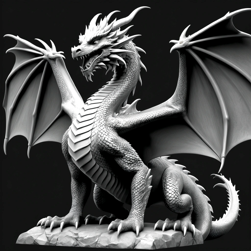 Grayscale 3D relief of a full body dragon, detailed scales and textures, high quality, 3D rendering, grayscale, relief art, CNC machine, detailed scales, realistic textures, professional, highres, ultra-detailed