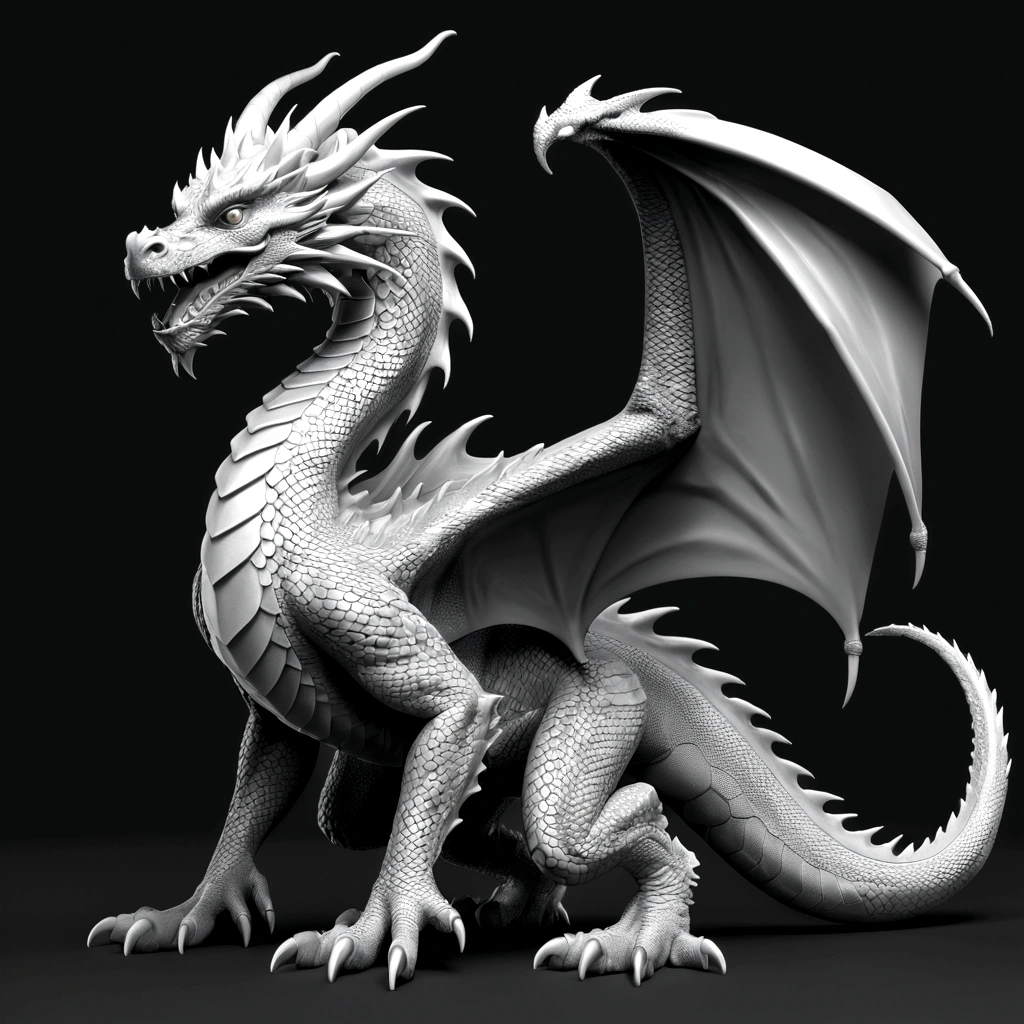 Grayscale 3D relief of a full body dragon, detailed scales and textures, high quality, 3D rendering, grayscale, relief art, CNC machine, detailed scales, realistic textures, professional, highres, ultra-detailed