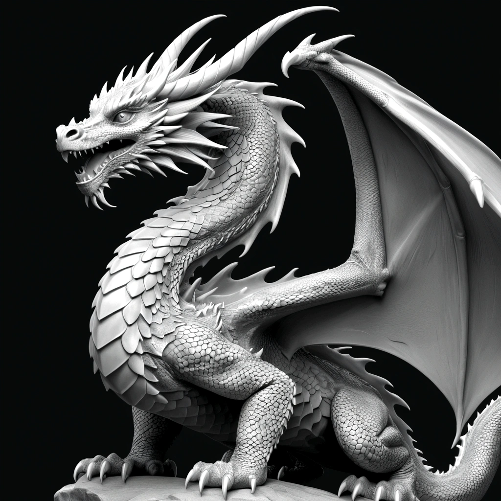 Grayscale 3D relief of a full body dragon, detailed scales and textures, high quality, 3D rendering, grayscale, relief art, CNC machine, detailed scales, realistic textures, professional, highres, ultra-detailed