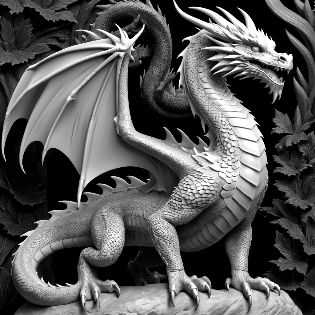 Grayscale 3D relief of a full body dragon, detailed scales and textures, high quality, 3D rendering, grayscale, relief art, CNC machine, detailed scales, realistic textures, professional, highres, ultra-detailed