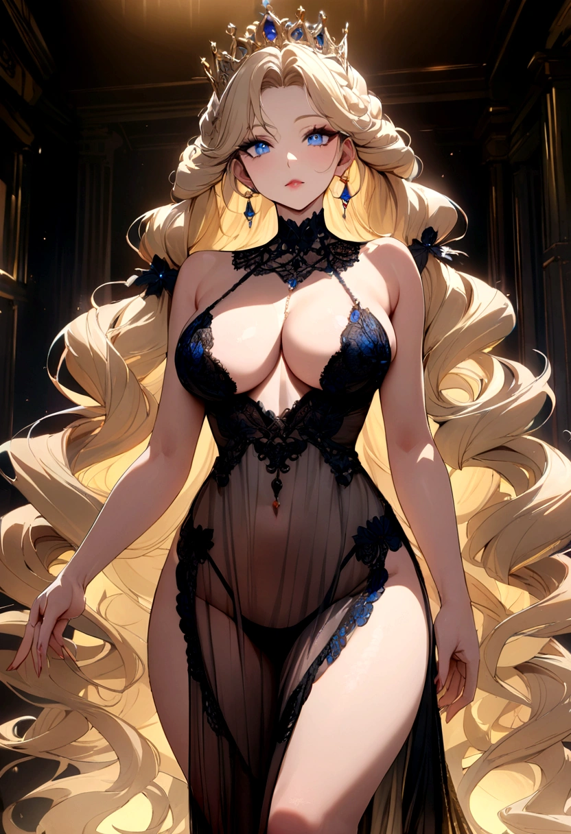 blonde hair, royal, queen, royal hairstyle,braided hair, low twin tails,wavy hair, milf, medium, ,blue eyes,voluptuous, royal dress, mature, elegant, grace, best quality, 4k, 8k, highres, masterpiece, vivid colors, studio lighting, extremely detailed eyes and face, long eyelashes, intricate details, exquisite, regal, sophisticated, breathtaking, hypnotic gaze, royal lingerie , revealing , see through dress:1 , lace