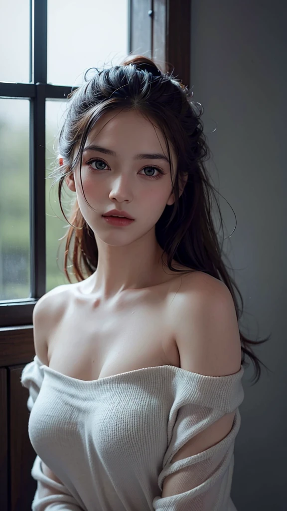 Top Quality, Masterpiece, Ultra High Resolution, (Photorealistic: 1.4), Raw Photo, 1 Girl, Off Shoulder, Darkness, Deep Shadow, Low Key, Cold Light, window and rainy day