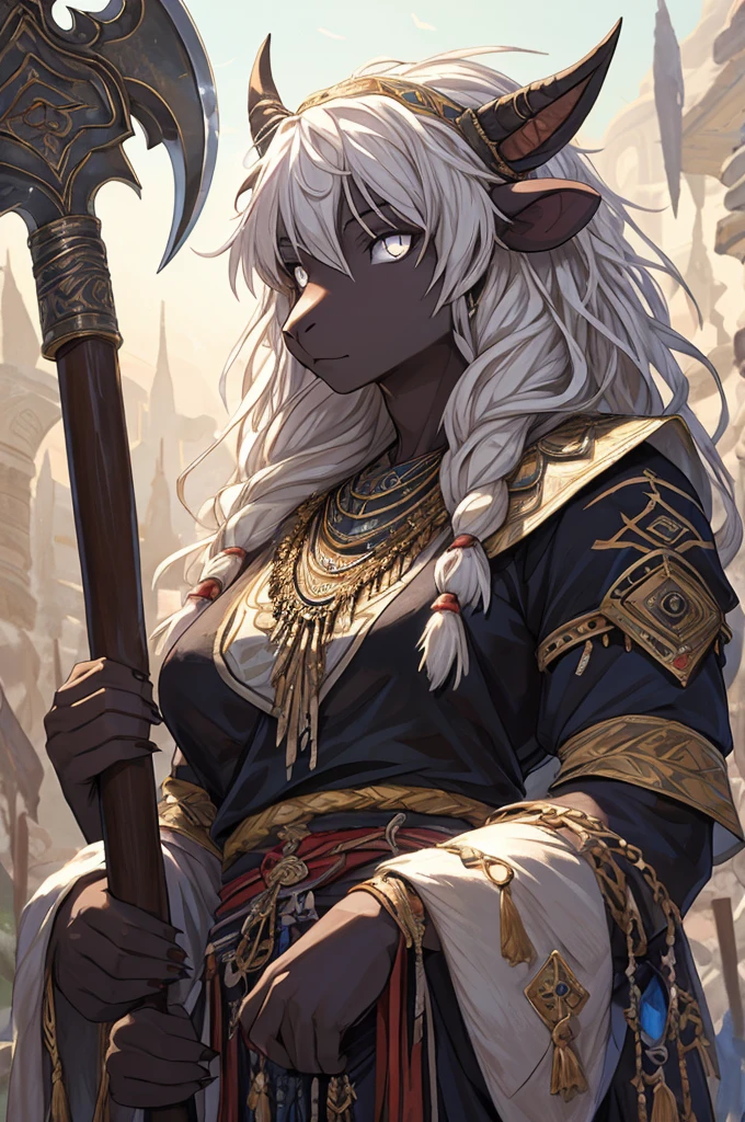1 sheep woman, sheep's snout, shaman outfit, white hair, dark-skinned female, anime art, holding an axe with both hands, muscular female, pointed nails, messy hair, white eyes, perfect eyes, original, (masterpiece), (illustration), (extremely fine and beautiful), perfect detailed, photorealistic, (beautiful and clear background:1.25), (depth of field:0.7)