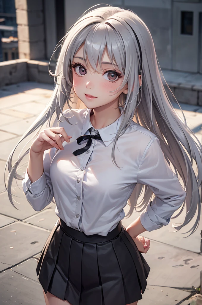 super fine illustration,vibrant colors, masterpiece, sharp focus, best quality, depth of field, cinematic lighting,ultra detailed,1female,solo,cardigan,white blouse,plaid skirt,long hair,silver hair,red eyes,blush,smile,open mouth,outdoors,autumn