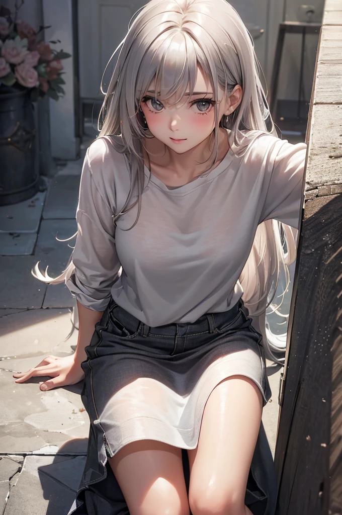 (Best Quality,High resolution,8K,finelity detailed background,Masterpiece:1.2),beautiful girl,Glossy romance gray hair,messy hair,Gray eyes,Gentle look,A refreshing look,Best quality,Best Quality,Aesthetic and aesthetic:1.2,Best details((Super detailed))(High-definition CG illustrations),see-through shirt,mini skirt,Slender body,smile,blush,cute,Scrounge,Looking up,Being spoiled,super model,shoot from above