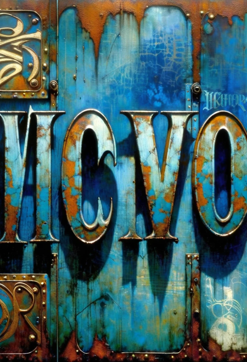 rusty blue sign with text: "VICTOR", metallic blue letters,  (Dave Mckean inspired art, intricate details, oil painting)