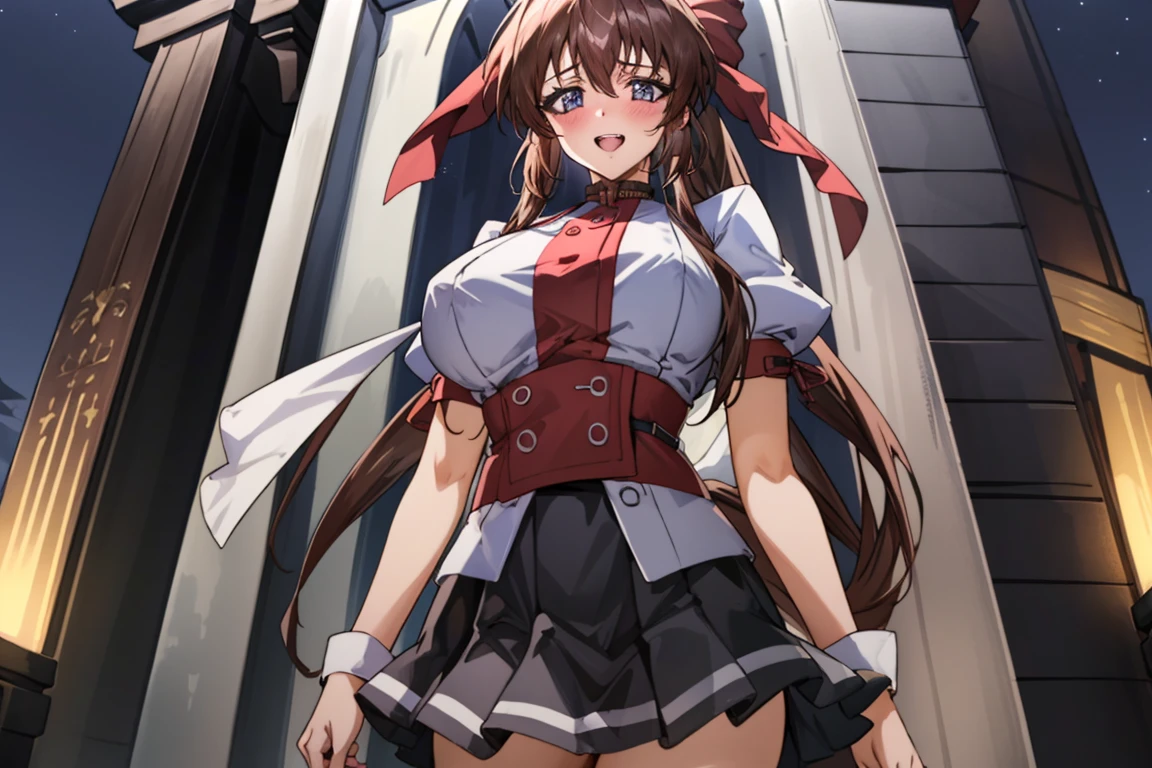 shrine maiden's ceremonial dress,Large Breasts,One girl, alone,(Mature Woman), (((Mature Woman,Adult female))),masterpiece, Highest quality, Ultra high definition, Maximum resolution, Very detailed, Beautiful Skin, anime, thin, Very sexy,Black Hair, (mini skirt),At the shrine,Happy,blush,String,Long ponytail,At night,See through,Long Hair,teeth