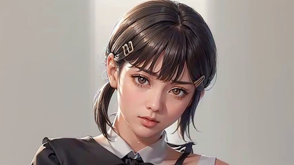 (((Perfect body,White and tender skin,(((black dress, pinafore dress, sleeveless dress, white shirt, black ribbon, neck ribbon, long sleeves, black choker,))),(((Kobeni Higashiyama, black hair, hair ornament, hairclip, ponytail, short hair, (brown eyes:1.5),))),((masterpiece)),highres,((Best quality at best)),masterpiece,quality,Best quality,((( Exquisite facial features,Looking at the audience,There is light in the eyes,(((frown,Wronged))),Look up))),(((Light and shadow,Huge breasts,))),(((Looking at the camera,White background))))