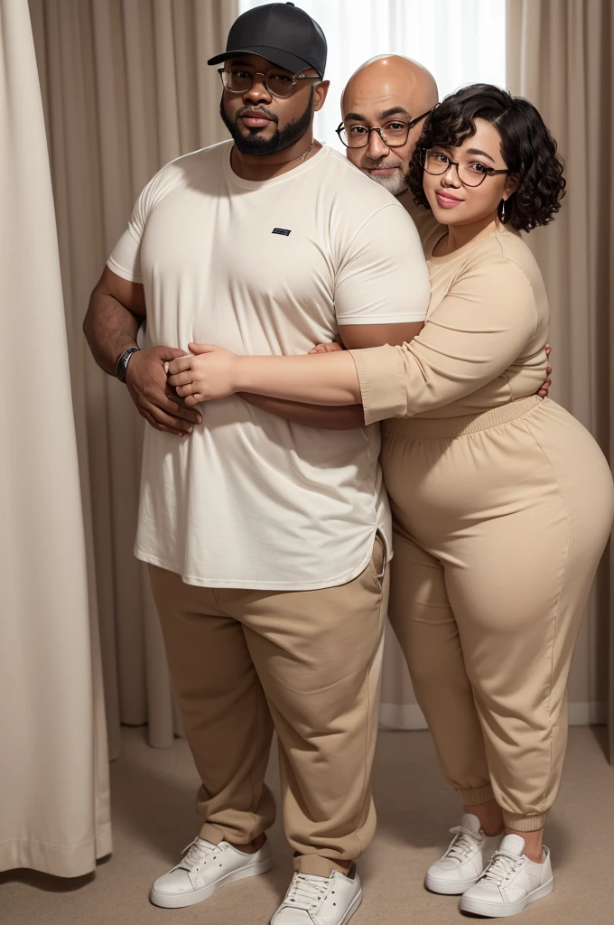 a chubby woman, curtain, with short curly hair, Wearing a clear pair of glasses, a beige dress and white sneakers. Hugging a black man, Cao Cao, bald man wearing beige pants, a brown shirt and white sneakers