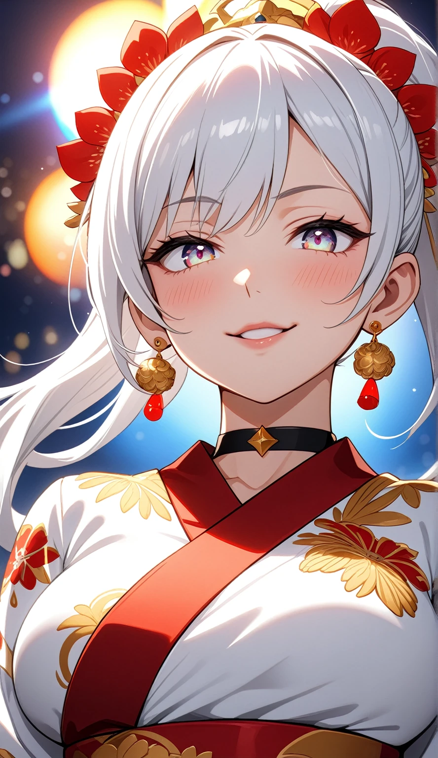 ((One personの女性)), Beautiful Face, ( smile),((Wink:1.9)),Laugh with your mouth wide open((Bright red cheeks:1.4)),Shiny red lips,night,rooftop,Festive decorations, firework,Laughing with your mouth open,Glossy red lips, lighting,((Anime style background)),masterpiece, Highest quality, so beautiful,up to date, Complex details, (Pink long nails),(ring),(bracelet),(choker),AI-generated, Complex,High resolution, Highest quality, super high quality,3D Images、3D Images,One person,Long white hair,High Ponytail,(Pale eyes),Anime woman posing for a photo, ((Fine grain、Silvery white colorful eyes、Shining Eyes:1.4)),(Squint your eyes:1.1),a hyperRealistic , hyperRealistic , Realistic,Anime woman with long white hair, Smooth anime CG art, A woman in a colorful kimono with gold embroidery, (Black long sleeve kimono),Red floral pattern,Long flower hair ornament,big floral earrings,Mature Body,(Big Breasts:1.1),expensive,Abdominal muscles,Tight waist,(Zoom up to face:1.7),Shooting from diagonally below