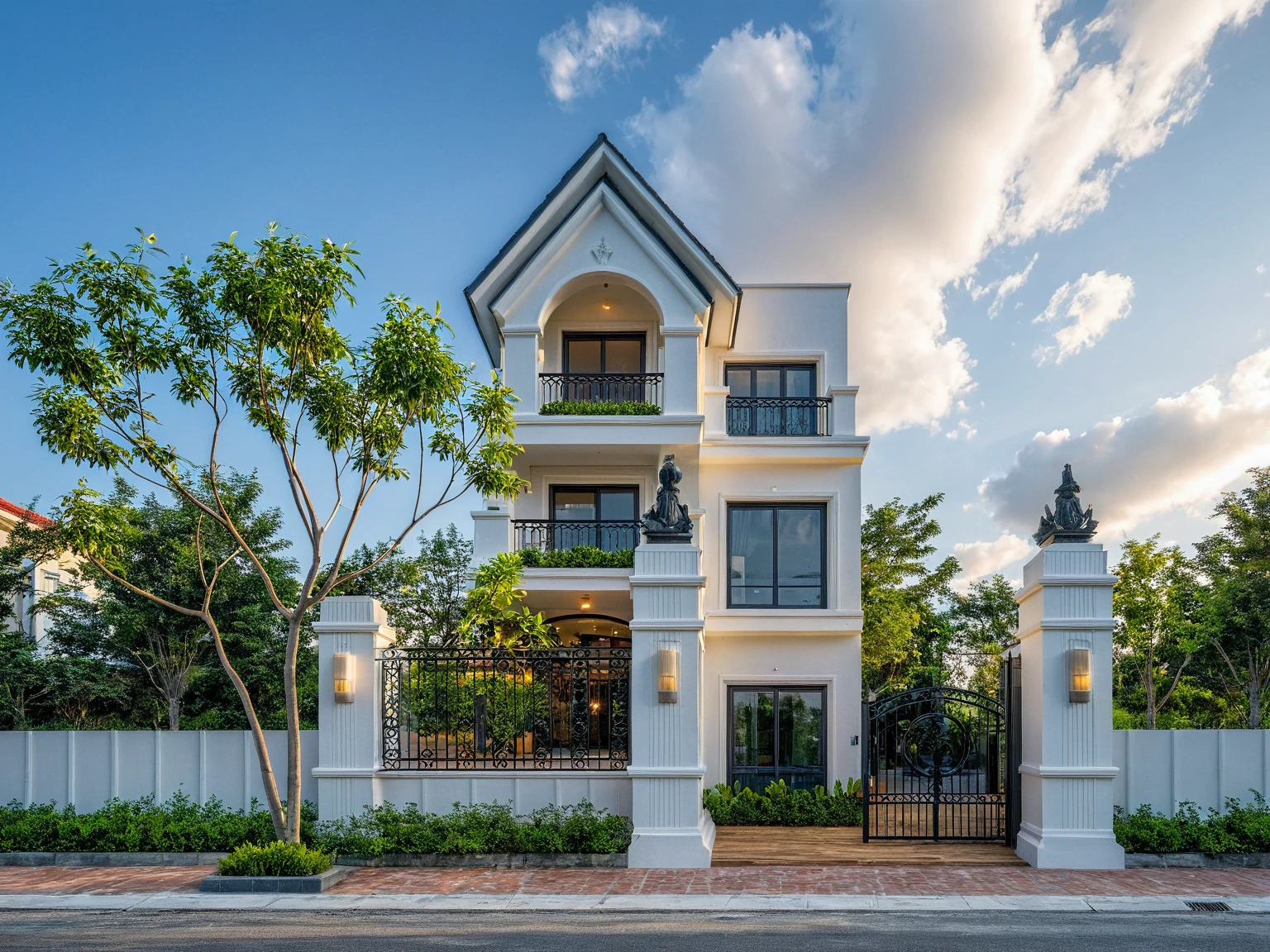 Masterpiece, high quality, best quality, authentic, super detail, outdoors, threestoreyvillaXL, aiaigroup, house style modern on the street, white wall, road, pavement, grass, trees, sky, cloud, (daylight:1.1),