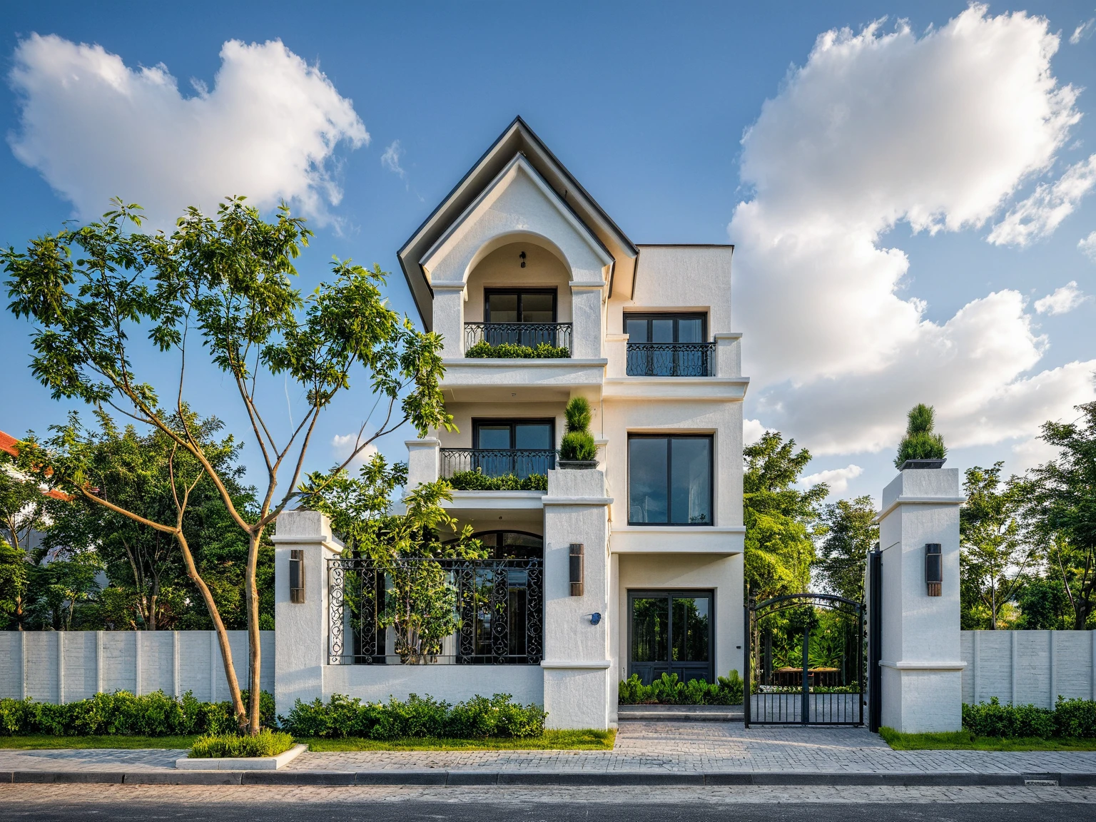 Masterpiece, high quality, best quality, authentic, super detail, outdoors, threestoreyvillaXL, aiaigroup, house style modern on the street, white wall, road, pavement, grass, trees, sky, cloud, (daylight:1.1),