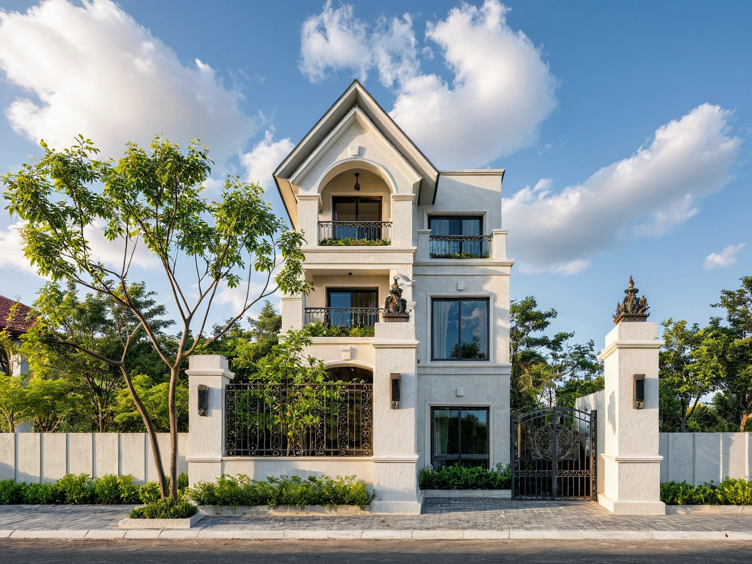 Masterpiece, high quality, best quality, authentic, super detail, outdoors, threestoreyvillaXL, aiaigroup, house style modern on the street, white wall, road, pavement, grass, trees, sky, cloud, (daylight:1.1),
