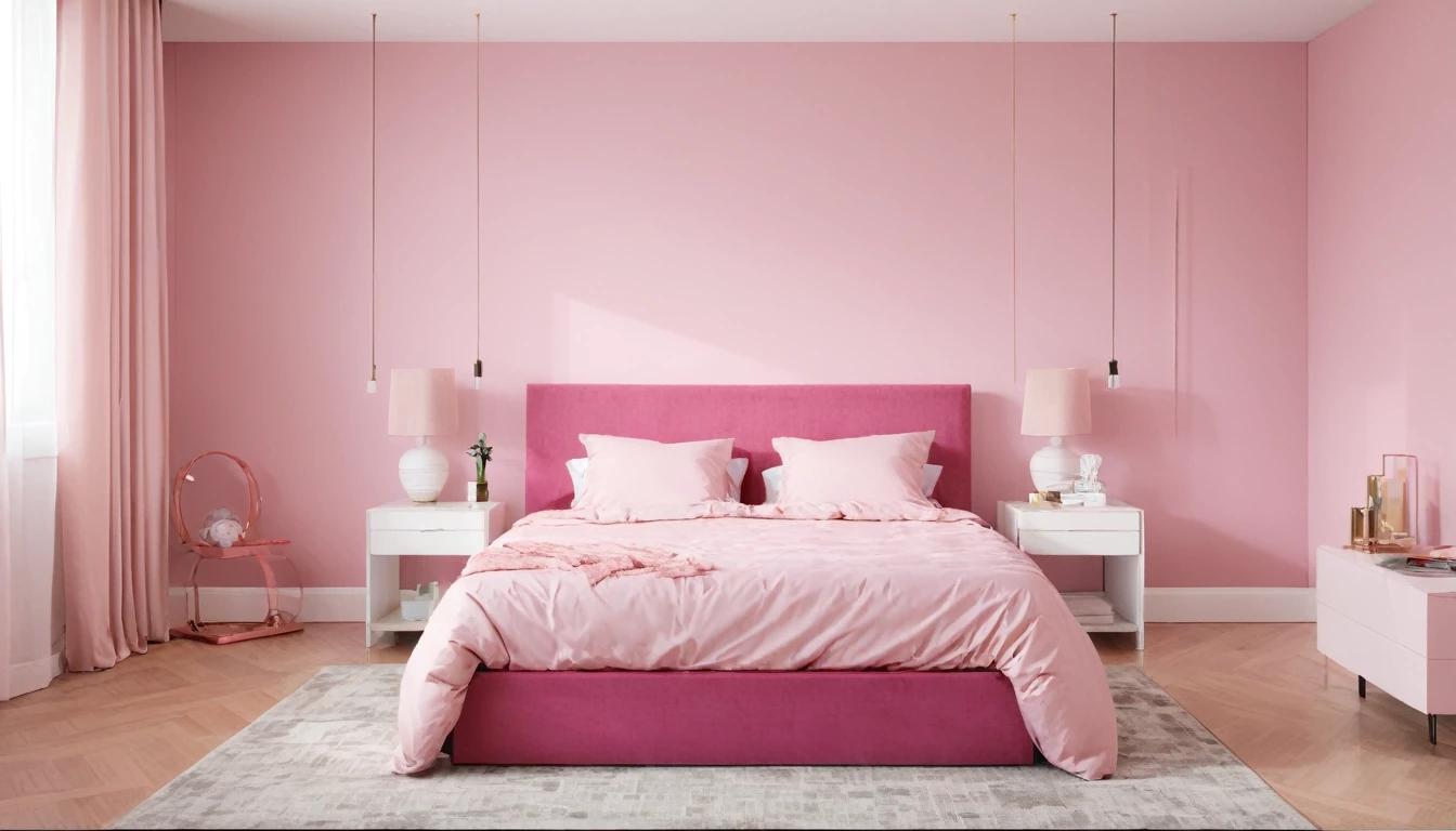 a bedroom with a pink bed