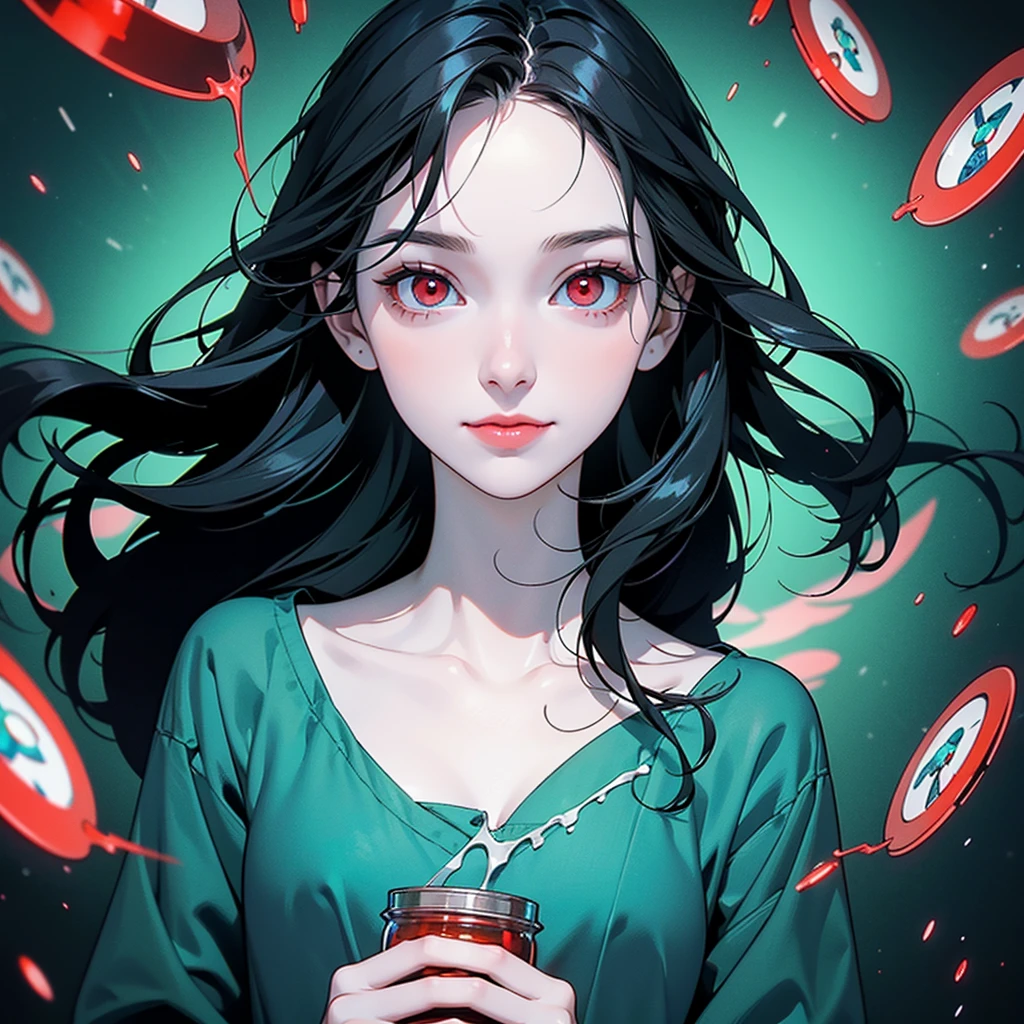 girl, holding a jar with many blue and red pharmaceutical pills, slight smile, red eyes, very pale skin, black hair, green image background, madness and psychedelic image, various factors of madness and scrizophenia, elements of madness in the human mind, several laboratory pills floating.