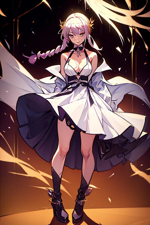 a female angel, with an expression of debauchery, long white hair. purples eyes. short in stature.