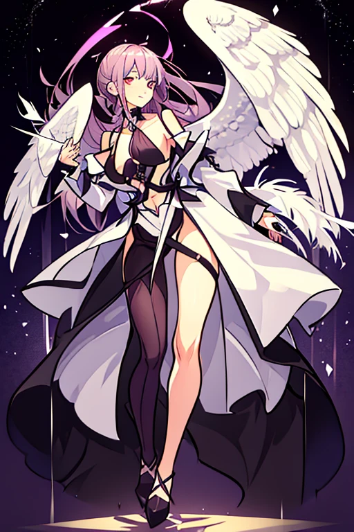 a female angel, with an expression of , long white hair. purples eyes. short in stature.