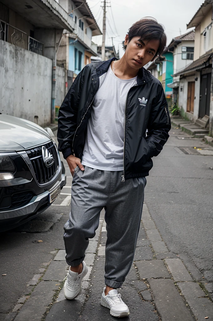 Menerjemahkan teks dengan kamera
Make me a picture with short hair and a jacket and trousers and Adidas shoes and an Indonesian street background