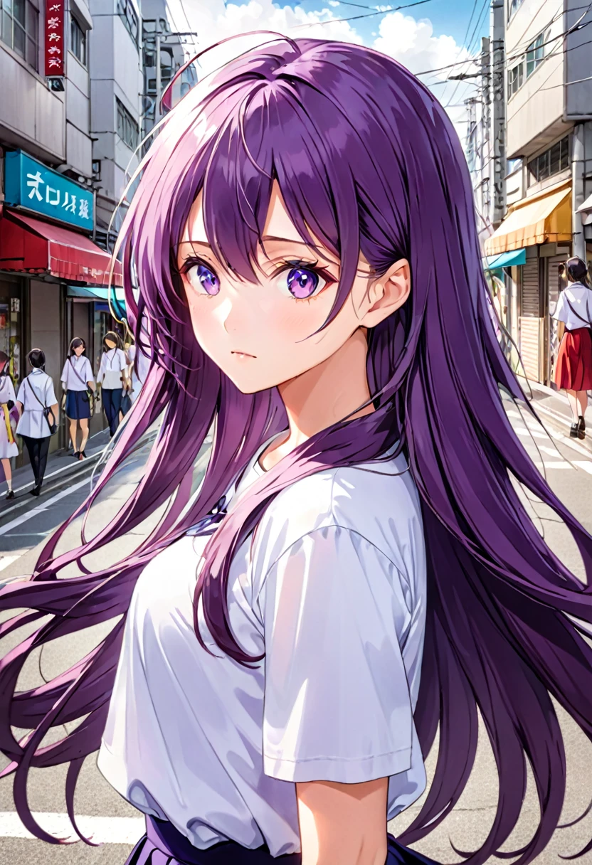 a anime girl with long hair and purple eyes, a colorized photo by Rei Kamoi, trending on pixiv, remodernism, official art, ultra detailed, anime