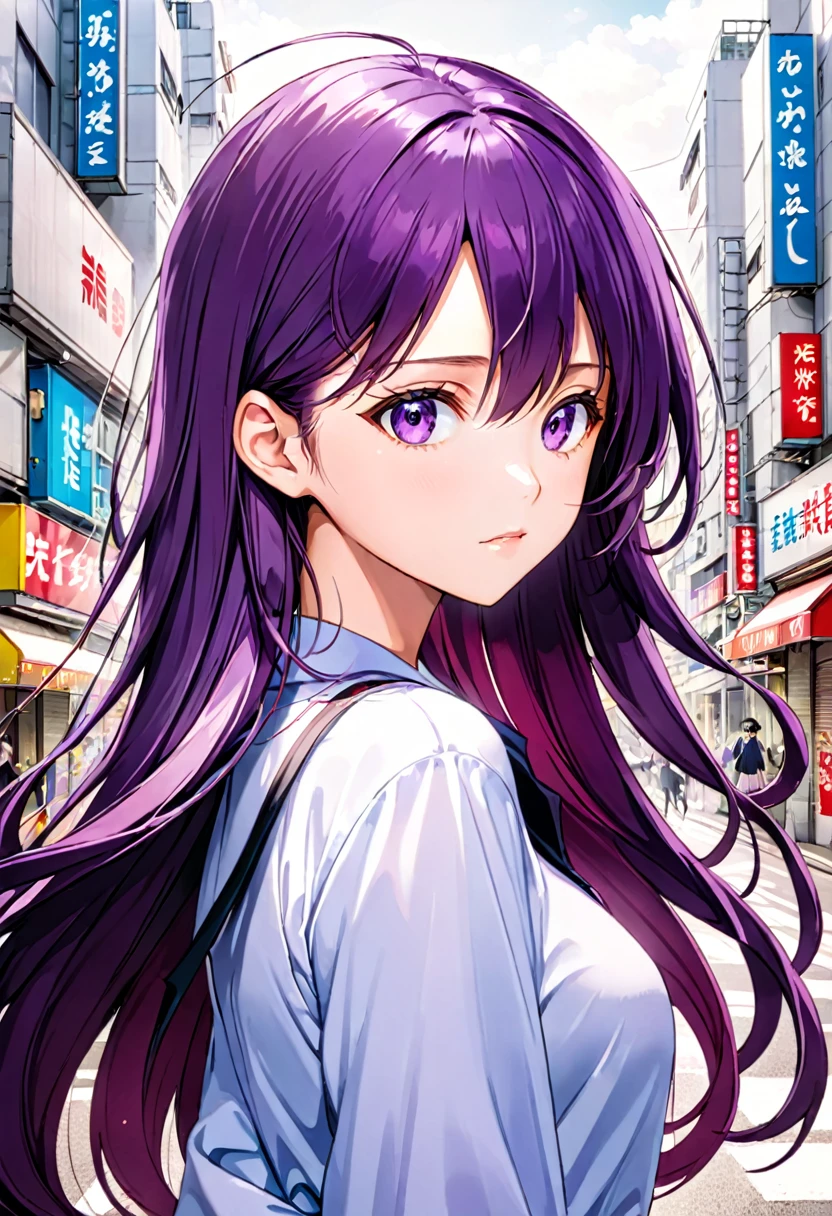 a anime girl with long hair and purple eyes, a colorized photo by Rei Kamoi, trending on pixiv, remodernism, official art, ultra detailed, anime