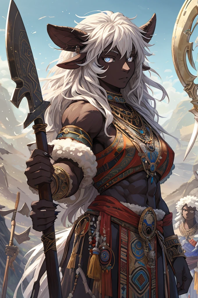 1 sheep woman, sheep's snout, shaman outfit, white hair, dark-skinned female, anime art, holding an axe with both hands, muscular female, pointed nails, messy hair, white eyes, perfect eyes, original, (masterpiece), (illustration), (extremely fine and beautiful), perfect detailed, photorealistic, (beautiful and clear background:1.25), (depth of field:0.7)