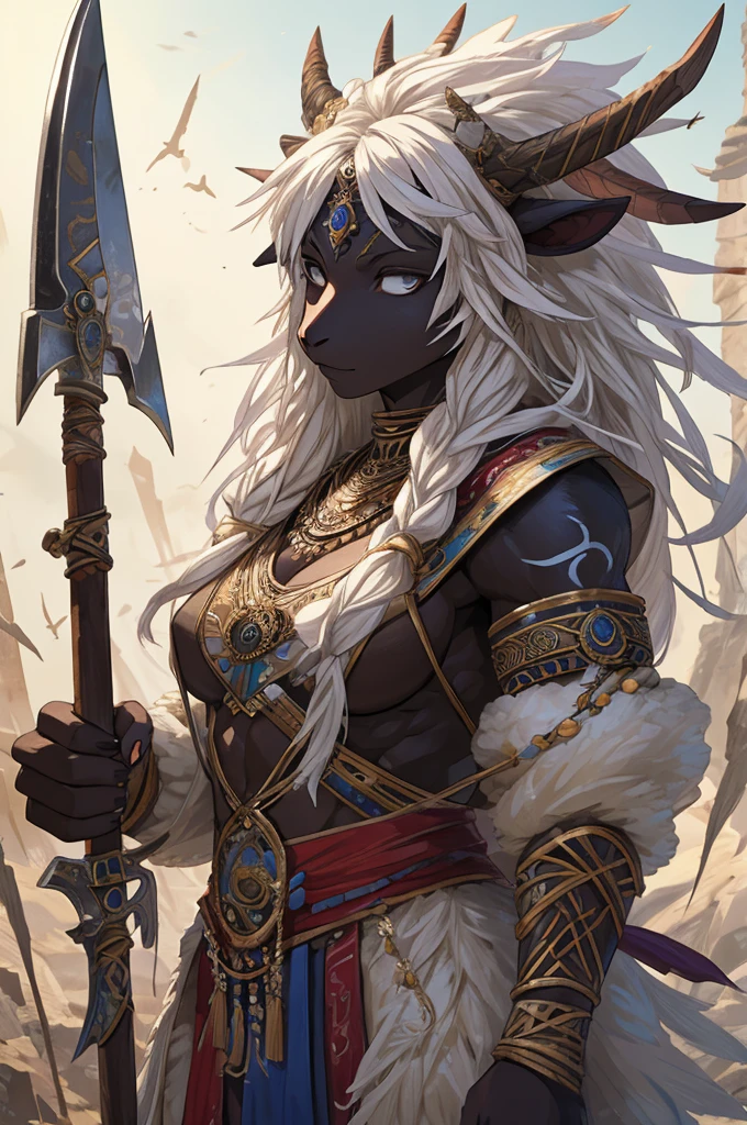 1 sheep woman, sheep's snout, shaman outfit, white hair, dark-skinned female, anime art, holding an axe with both hands, muscular female, pointed nails, messy hair, white eyes, perfect eyes, original, (masterpiece), (illustration), (extremely fine and beautiful), perfect detailed, photorealistic, (beautiful and clear background:1.25), (depth of field:0.7)