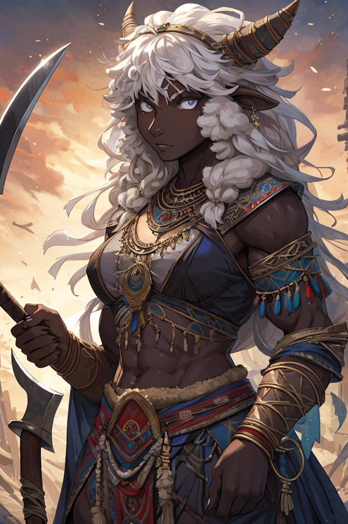 1 sheep woman, sheep's snout, shaman outfit, white hair, dark-skinned female, anime art, holding an axe with both hands, muscular female, pointed nails, messy hair, white eyes, perfect eyes, original, (masterpiece), (illustration), (extremely fine and beautiful), perfect detailed, photorealistic, (beautiful and clear background:1.25), (depth of field:0.7)
