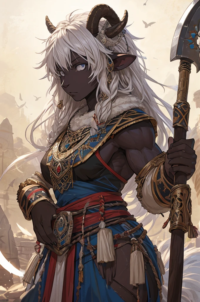 1 sheep woman, sheep's snout, shaman outfit, white hair, dark-skinned female, anime art, holding an axe with both hands, muscular female, pointed nails, messy hair, white eyes, perfect eyes, original, (masterpiece), (illustration), (extremely fine and beautiful), perfect detailed, photorealistic, (beautiful and clear background:1.25), (depth of field:0.7)