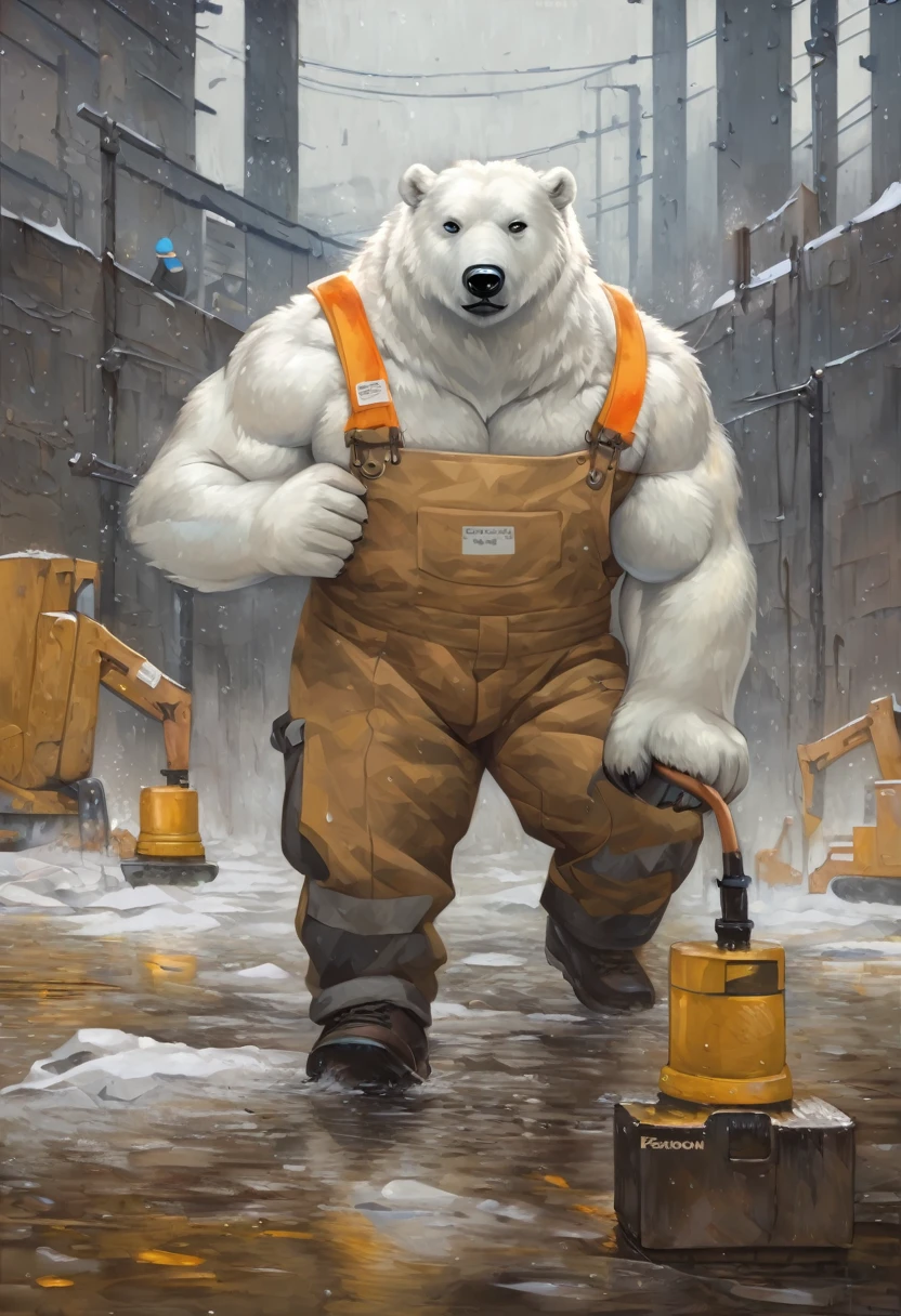 polar bear，personification，strong，Worker，Oil painting style。