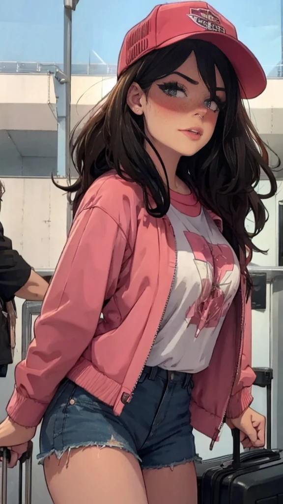 A beautiful woman, detailed eyes, Messy dark hair, during, He is wearing a pink t-shirt with a cute design., a jacket, some shorts, a cap, airport, carrying a suitcase, front view, blush, posing, perfect hands, good anatomy, curvy