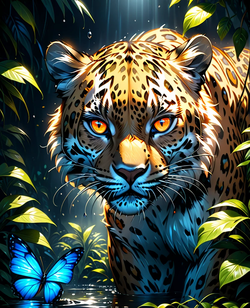 Lush plants,A fierce leopard in the jungle,1leopard,orange piercing eyes,black and white,dark background,photorealistic,realistic,high quality,high resolution,ultra detailed,masterpiece,studio lighting,cinematic lighting,dramatic lighting,Blue glowing butterfly,Water drops on leaves