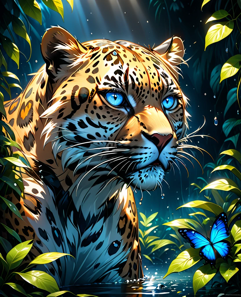 Lush plants，A fierce leopard in the jungle,1leopard,orange piercing eyes,black and white,dark background,photorealistic,realistic,high quality,high resolution,ultra detailed,masterpiece,studio lighting,cinematic lighting,dramatic lighting，Blue glowing butterfly，Water drops on leaves
